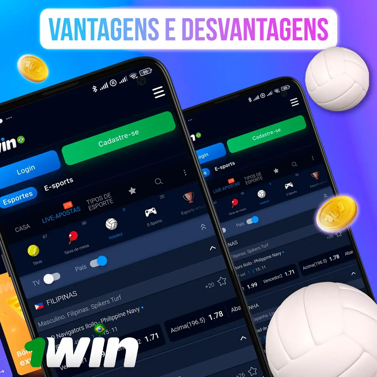 Prós e contras das apostas de volei 1win